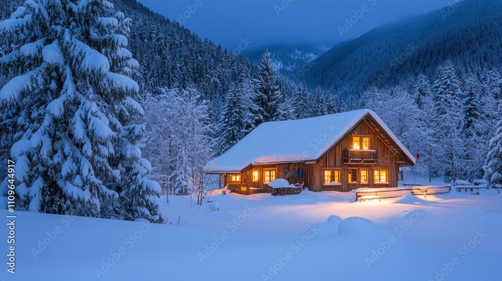 Snowy Cabin with Warm Windows in a Winter Forest Snowy Cabin with Warm Windows in a Winter Forest