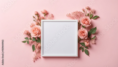 Blank mockup wooden frame with flowers, copy space on a pink pastel background