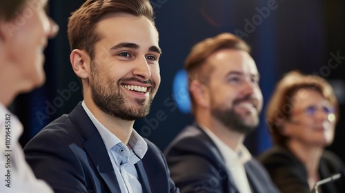 Smiling businessman participating panel discussion other business leaders major industry event scene lively interactive emphasizing exchange of ideas networking opportunities within business community