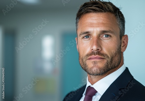 Serious businessman with beard and blue eyes