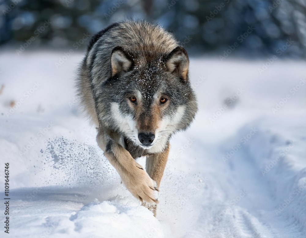 Fototapeta premium an adult european timber wolf runs through the freshly fallen snow right at you angry gray wolf in search of prey wolf s gaze predator chases prey scene from the wild nature of the north of belarus