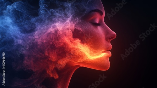 A captivating silhouette of a woman emerges from swirling vibrant smoke, embodying magic and transformation during twilight hours