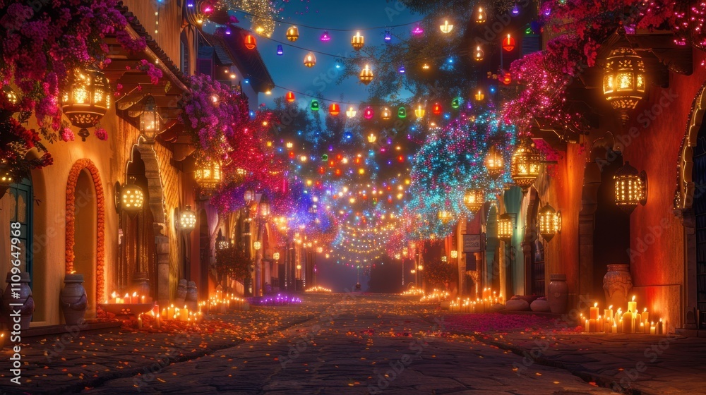 Festive night street scene with colorful lights and flowers. Festive night street scene with colorful lights and flowers.