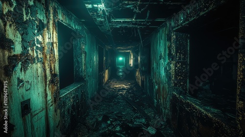 Abandoned corridor in a burnt building revealing charred walls, broken windows, and eerie lighting, creating a haunting atmosphere of disrepair and neglect.