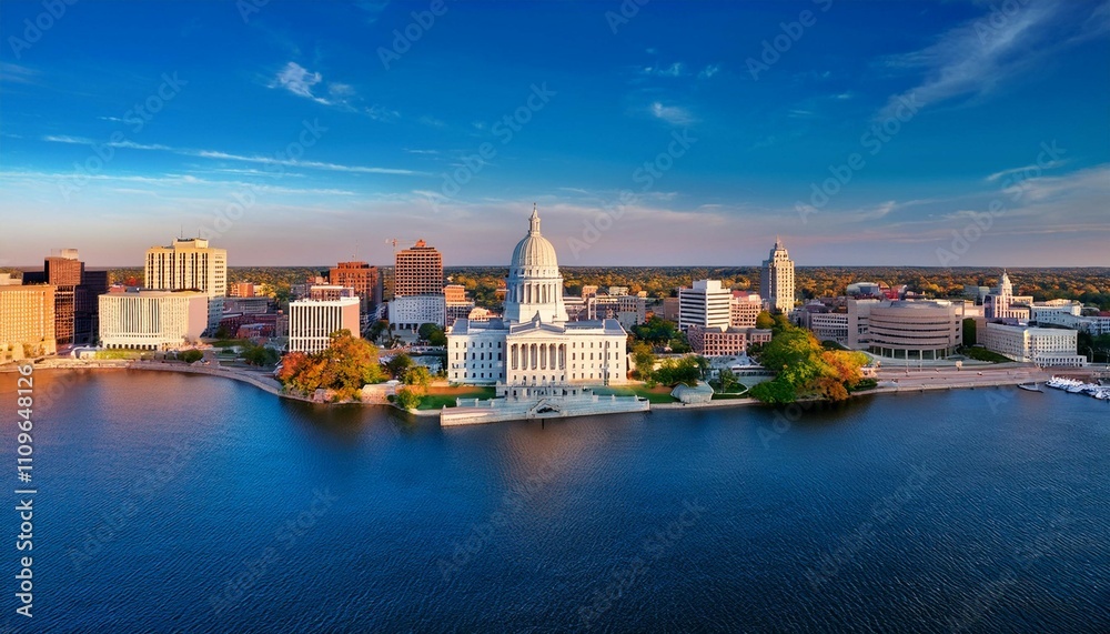Obraz premium madison skyline and wisconsin state capitol the wisconsin state capitol houses both chambers of the wisconsin legislature supreme court and the office of the governor