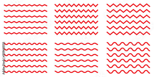 Wave zigzag line simple thin to thick element decor design vector or single ripple curve zig zag wiggly separator pictogram graphic for seal water or ocean symbol, wavy pattern clipart stroke Red. 