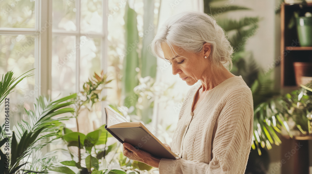 A woman is reading a book in a room with plants A woman is reading a book in a room with plants