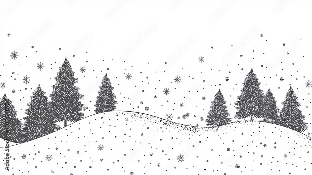 Simple vector black and white illustration with thin lines, no background, Christmas theme, featuring trees and snowflakes and text Merry Christmas and happy new year Simple vector black and white illustration with thin lines, no background, Christmas theme, featuring trees and snowflakes and text Merry Christmas and happy new year