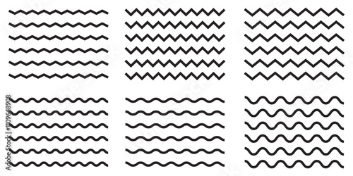Wave line and wavy zigzag lines. Vector black underlines, smooth end squiggly horizontal, squiggles. Wavy, waving, line. Zig-zag, criss-cross lines vector illustration. Undulate, billowy effect lines.