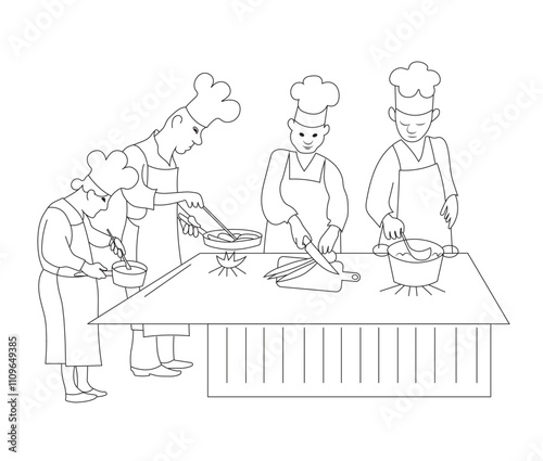 Four cooks cooking. Vector black outline image.