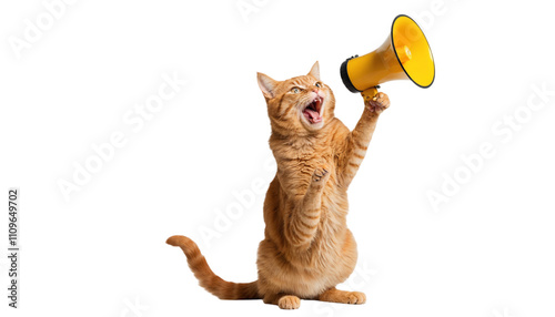 Cat with Megaphone: A funny and cute ginger cat with a big, expressive face holds a yellow megaphone, ready to make an announcement.