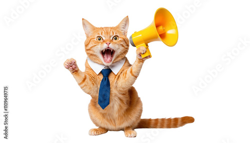 Cat in a Suit with Megaphone: A  ginger tabby cat in a business suit,  holds a yellow megaphone, with an excited expression on its face, making a big announcement.  