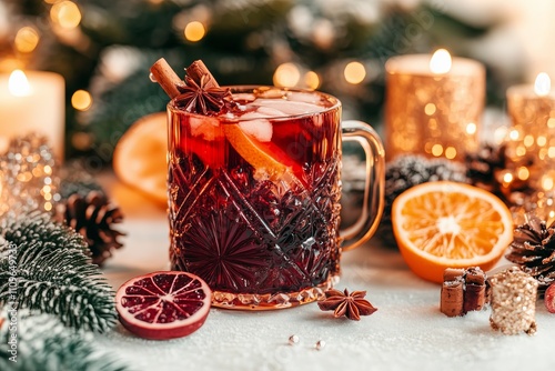 Festive mulled wine with citrus and spices in a cozy holiday setting photo