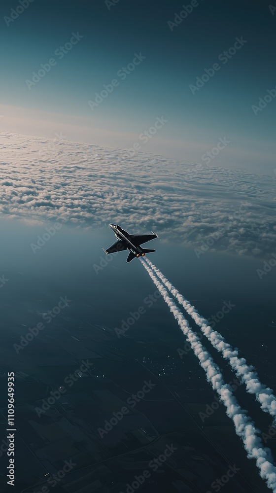 Naklejka premium High-flying Jet Above the Clouds Leaving White Contrails During a Clear Sky, Captured from an Aerial Perspective in Stunning Natural Light