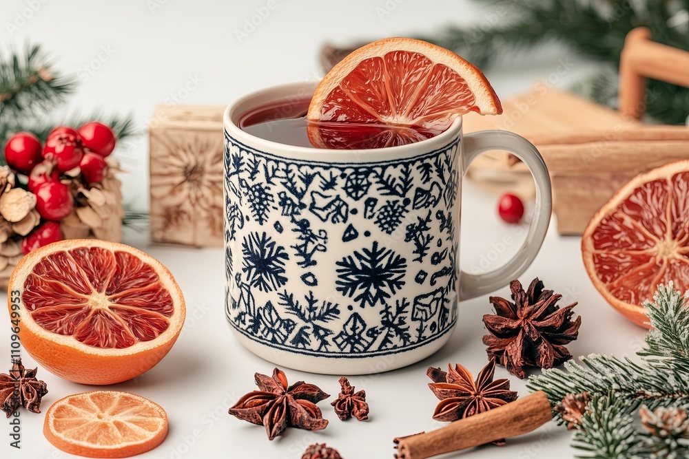 Festive winter drink with spices and citrus in a patterned mug Festive winter drink with spices and citrus in a patterned mug