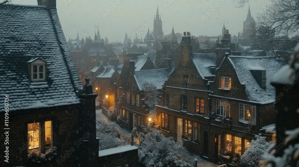 Obraz premium Snow-Covered Houses and a Church Tower in a Cityscape