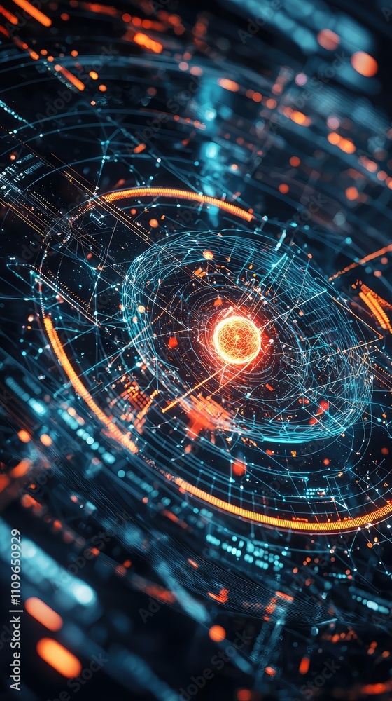 Obraz premium Abstract Digital Visualization of a Central Core with Radiating Light Effects and Energy Connections, Representing Data Flow and Network Dynamics in Technology
