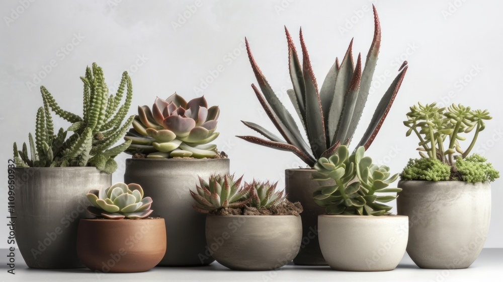 Fototapeta premium Succulent Collection: A Serene Display of Desert Plants in Earthy Pots