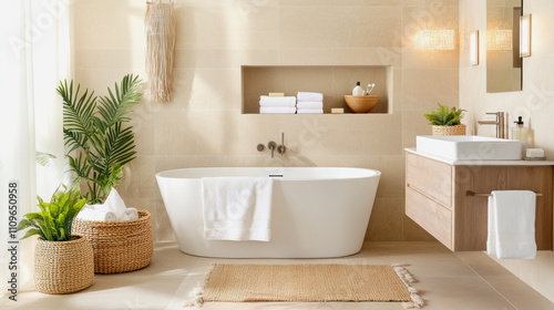 Modern bathroom featuring nature elements with plants and warm tones. Generative AI