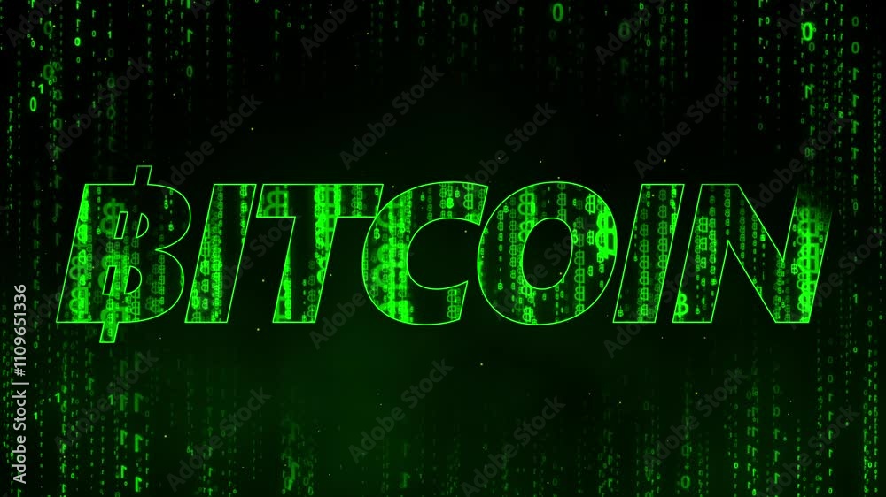 Green word Bitcoin with Bitcoin matrix rain is green matrix background shows cryptocurrency mining and digital currencies as futuristic technology for block chain and criminals or safe crypto currency