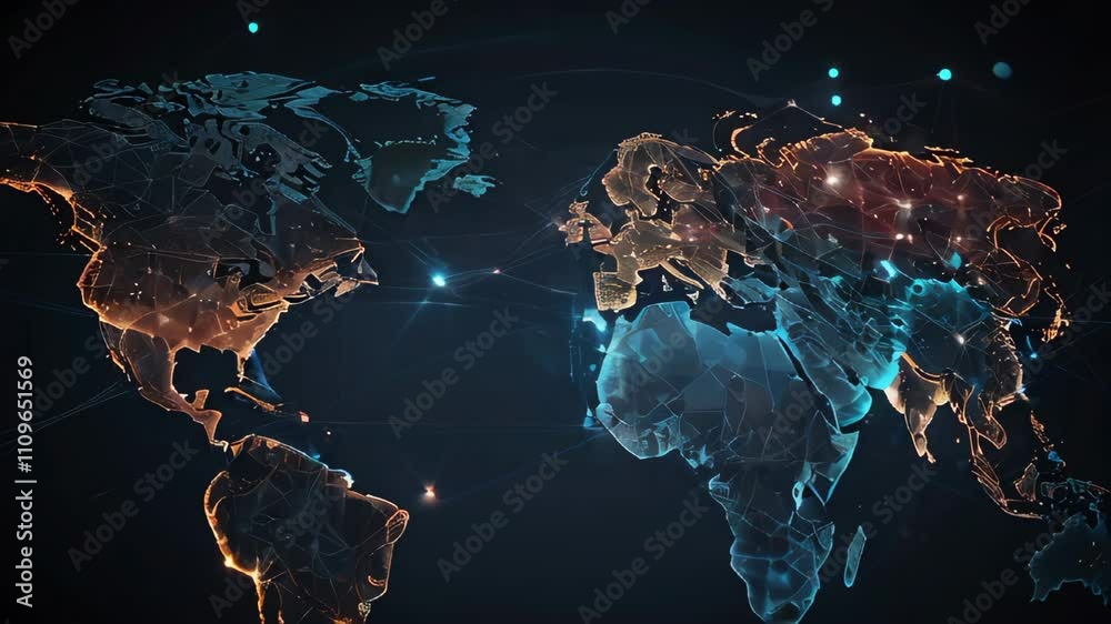 World map connecting global network points with light streaks