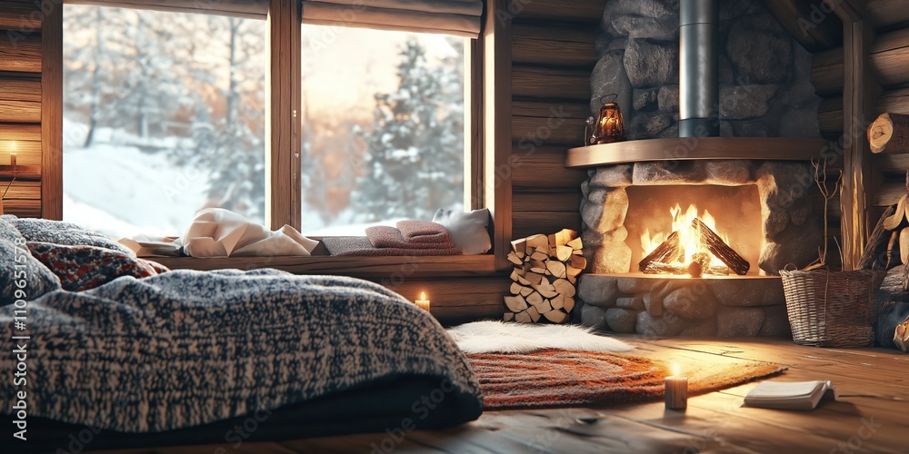 Burning fireplace warming cozy scandinavian cabin interior Burning fireplace warming cozy scandinavian cabin interior
