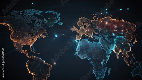 World map connecting global network points with light streaks