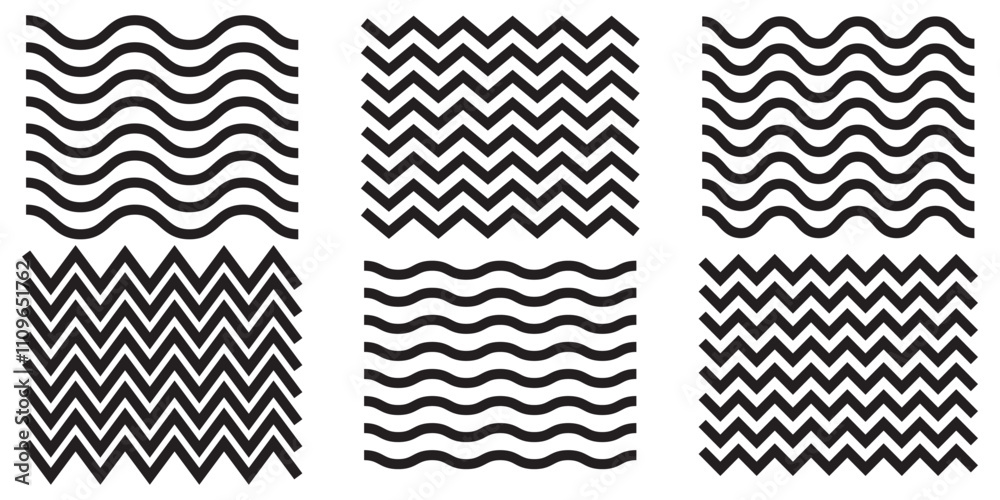 Wave line and wavy zigzag lines. Vector black underlines, smooth end squiggly horizontal, squiggles. Wavy, waving, line. Zig-zag, criss-cross lines vector illustration. Undulate, billowy effect lines.