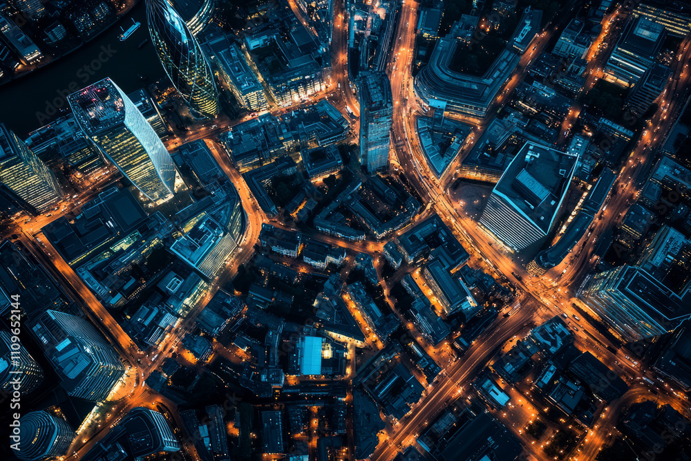 High aerial or satellite top down view of a busy city at night with a glow from the urban lights High aerial or satellite top down view of a busy city at night with a glow from the urban lights