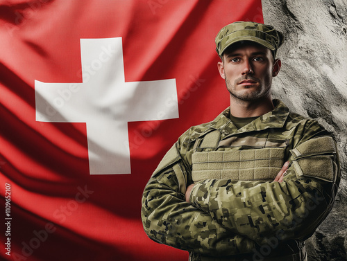 Schweizer Soldat vor Nationalflagge

 photo