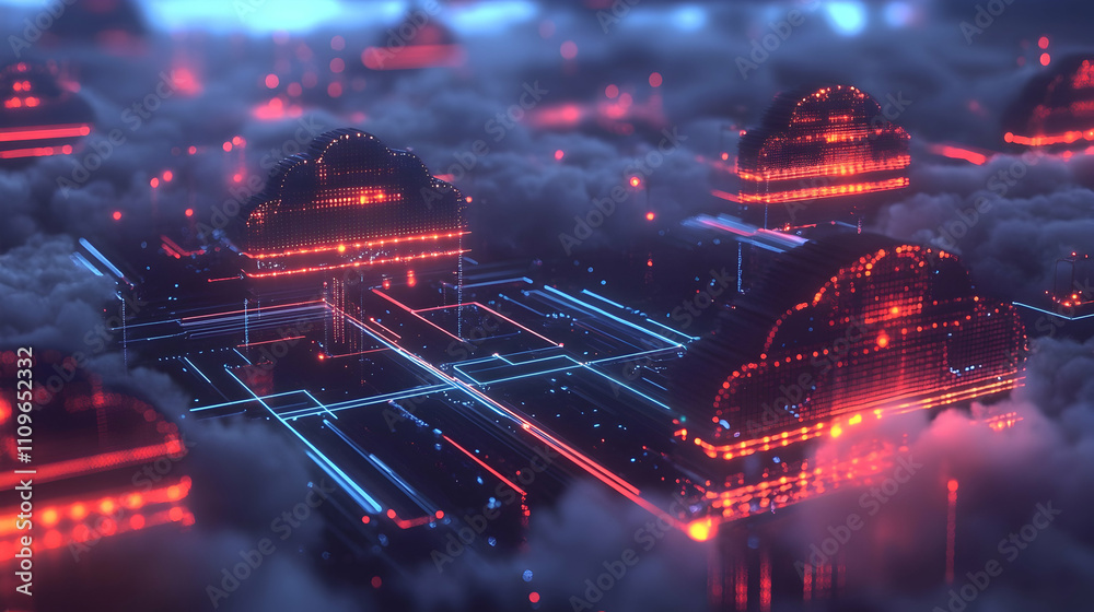 Obraz premium Digital cloud infrastructure glowing in neon red and orange, floating above a detailed data grid in a futuristic atmosphere.