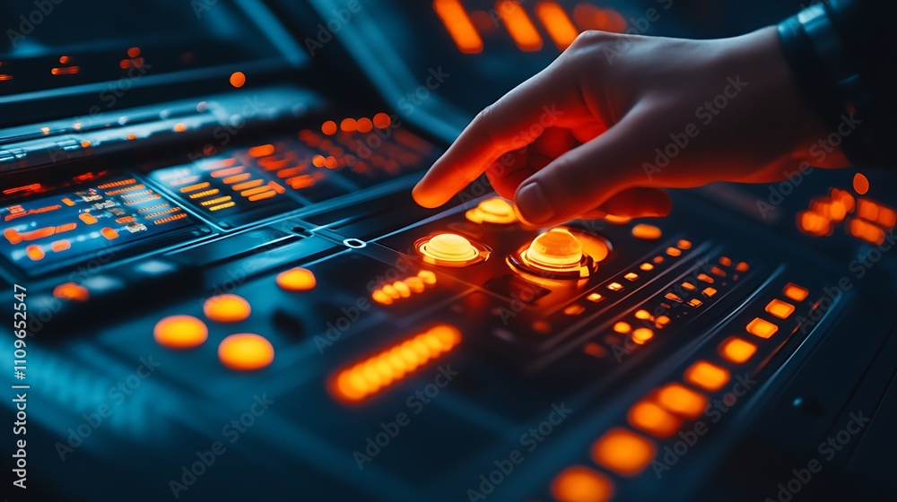 Close-up of a hand adjusting illuminated control knobs on a technological device.