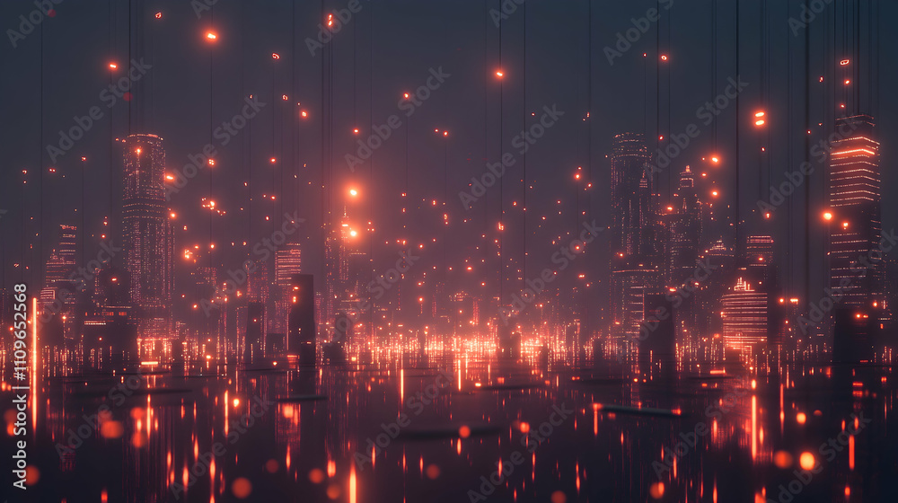 Fototapeta premium A dark city skyline illuminated with soft orange lights, creating a warm and glowing atmosphere in the night.