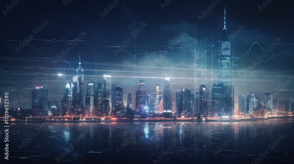 Futuristic Cityscape at Night: Shanghai Skyline with Digital Overlay Futuristic Cityscape at Night: Shanghai Skyline with Digital Overlay