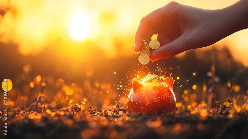 Hand dropping coins into piggy bank at sunset.