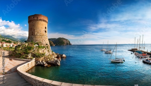 old historic tower in port of acciaroli cilento national park salerno southern italy photo