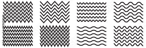 Wave line and wavy zigzag lines. Vector black underlines, smooth end squiggly horizontal, squiggles. Wavy, waving, line. Zig-zag, criss-cross lines vector illustration. Undulate, billowy effect lines.