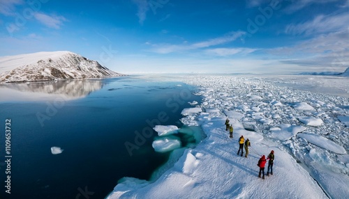 aerial drone photo of tourists visit the floe edge near sirmilik national park in nunavut canadaa photo