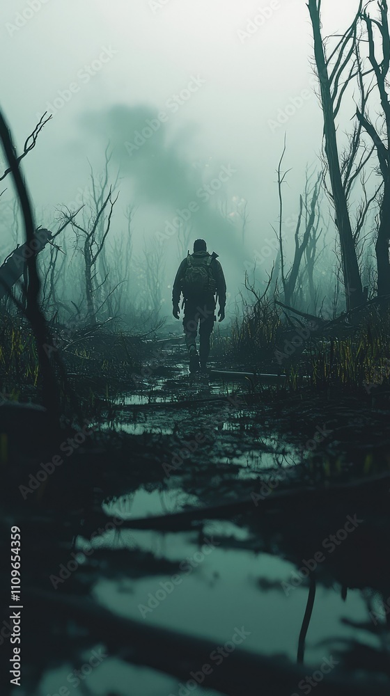 Mysterious Figure Walking Through Foggy Marshland with Dead Trees in ...