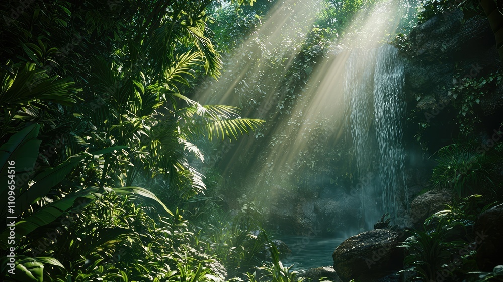 Lush Tropical Rainforest with Majestic Waterfall and Sunlight Filtering ...