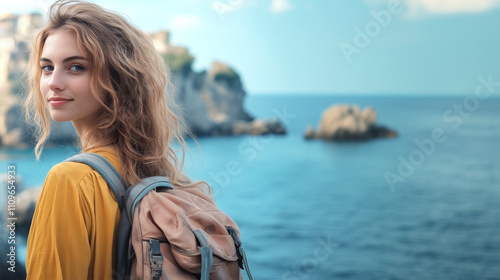 Retro portrait of a woman with a backpack by the sea in Messina, adventurecore style.
 photo