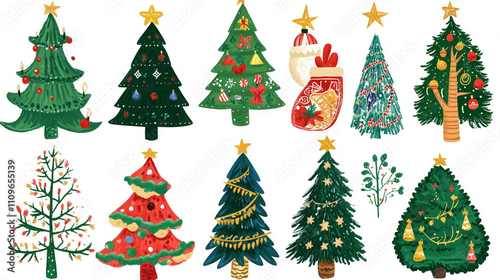Set of hand drawn Christmas trees isolated on white background. Set of hand drawn Christmas trees isolated on white background.