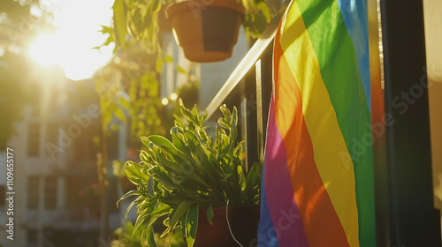 Rainbow pride flag hanging on a balcony surrounded by greenery, symbolizing LGBTQ+ support, inclusion, and community in a peaceful urban setting at sunset.