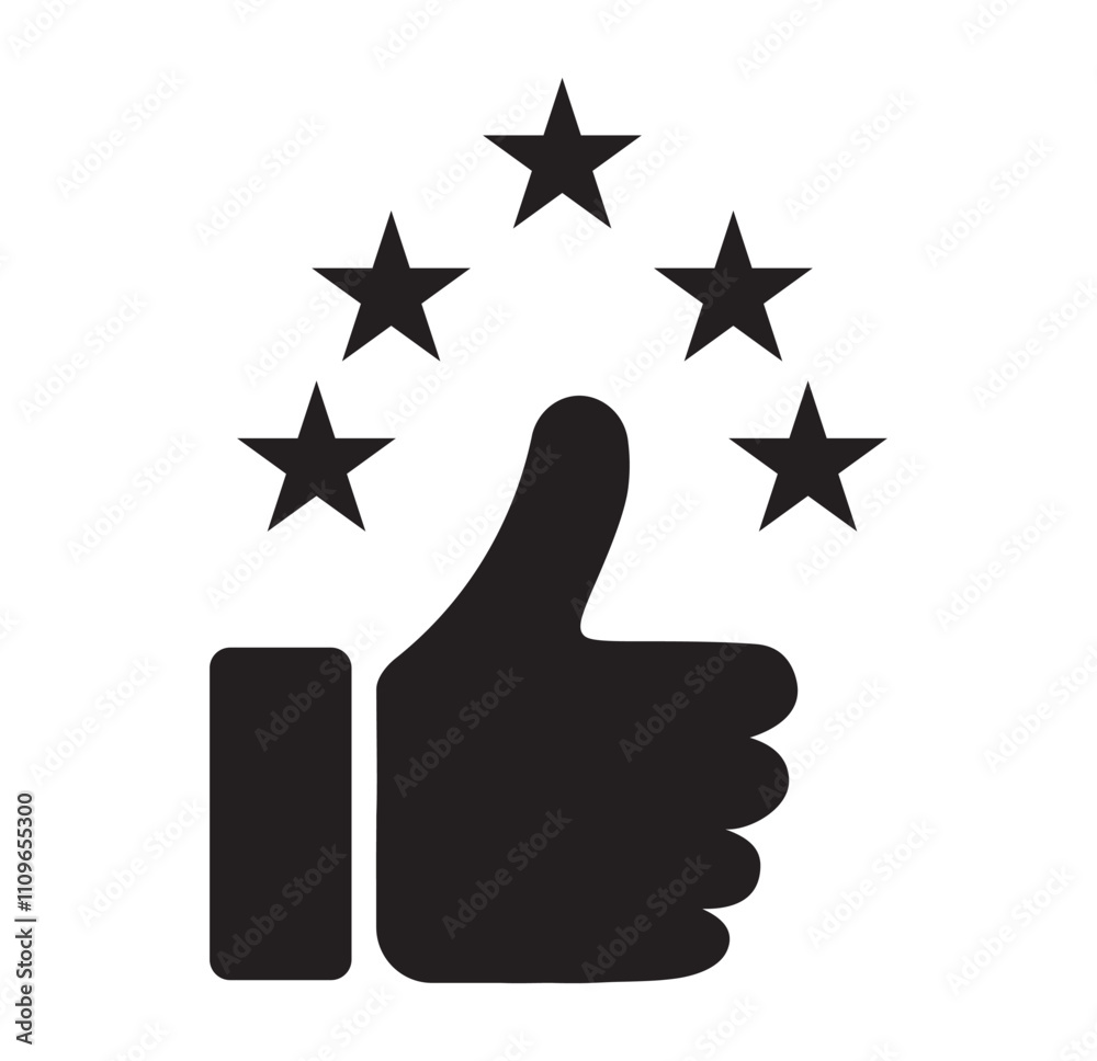 Thumb up and five stars vector icons. Best rating. High service. Thumb up vector illustration. Thumb up and five stars vector icons. Best rating. High service. Thumb up vector illustration.