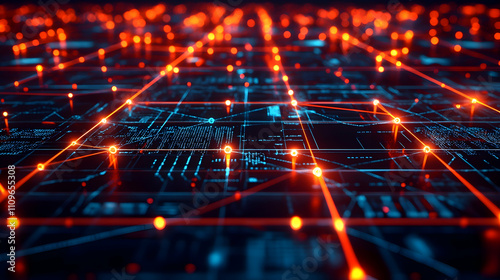 A glowing futuristic data grid illuminated with vibrant orange lights, showcasing a connected digital network.