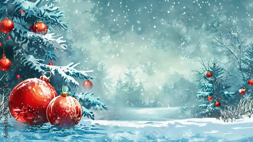 Red Christmas Ornaments Decorate a Snowy Winter Wonderland