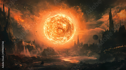 Thermonuclear plasma burst from center in sci fi setting. Plasma. Illustration