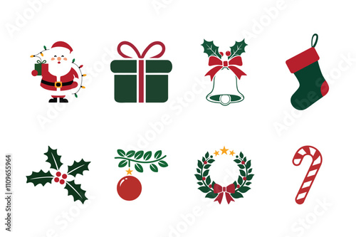  Merry Christmas cute elements. Colorful flat vector. Santa Claus, bell, bauble, holly, candy cane, stocking Gift boxes and wreath.