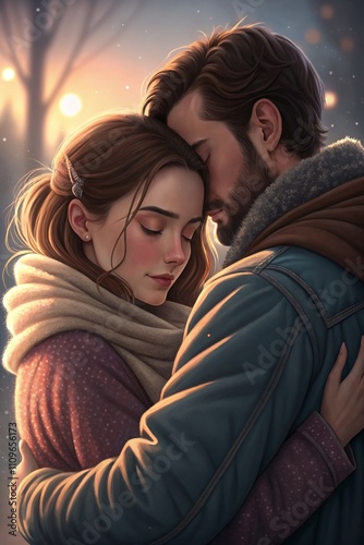 Couple sharing an intimate embrace with eyes closed, wrapped in cozy winter coats, radiating warmth and connection in a serene, snowy atmosphere