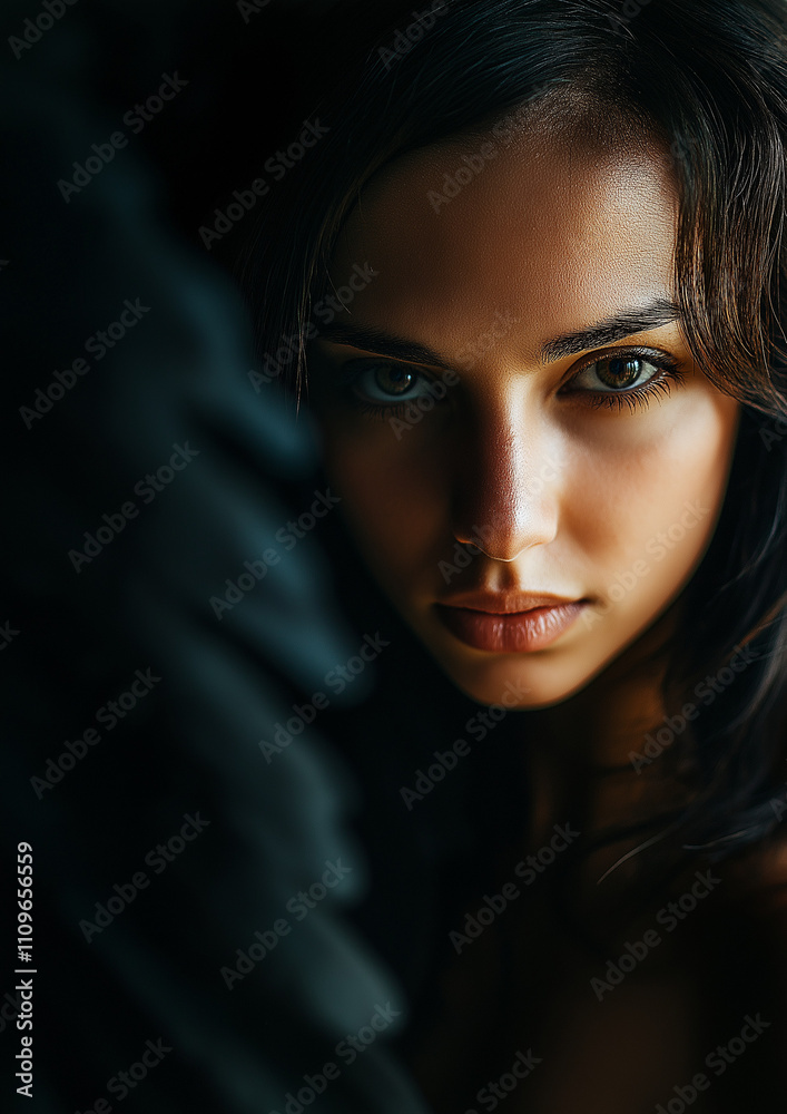 Close-up of a woman expressing depression with piercing gaze and dark background Close-up of a woman expressing depression with piercing gaze and dark background